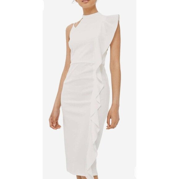 Topshop Dresses & Skirts - Topshop Women’s White Asymmetrical Ruffle Pencil Midi Dress Size 6
